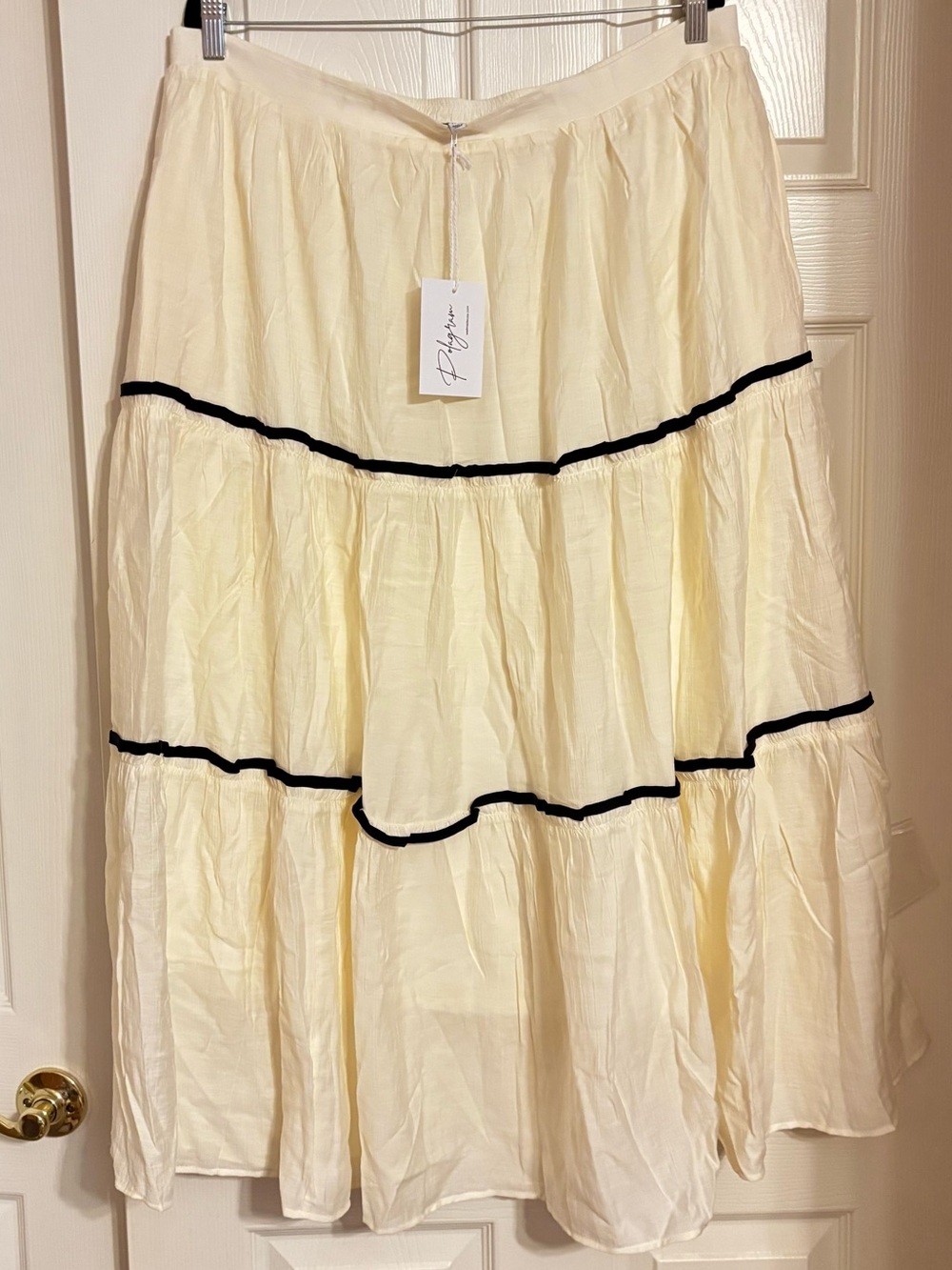 Polagram Light Cream Tiered Midi Skirt with Black Trim in 1X